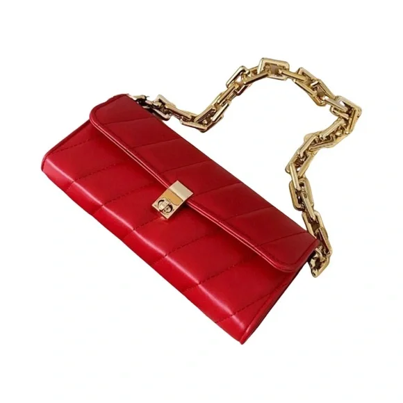 Bright Red Quilted Gold Chain Link Shoulder Purse Bag - Picture 3 of 6